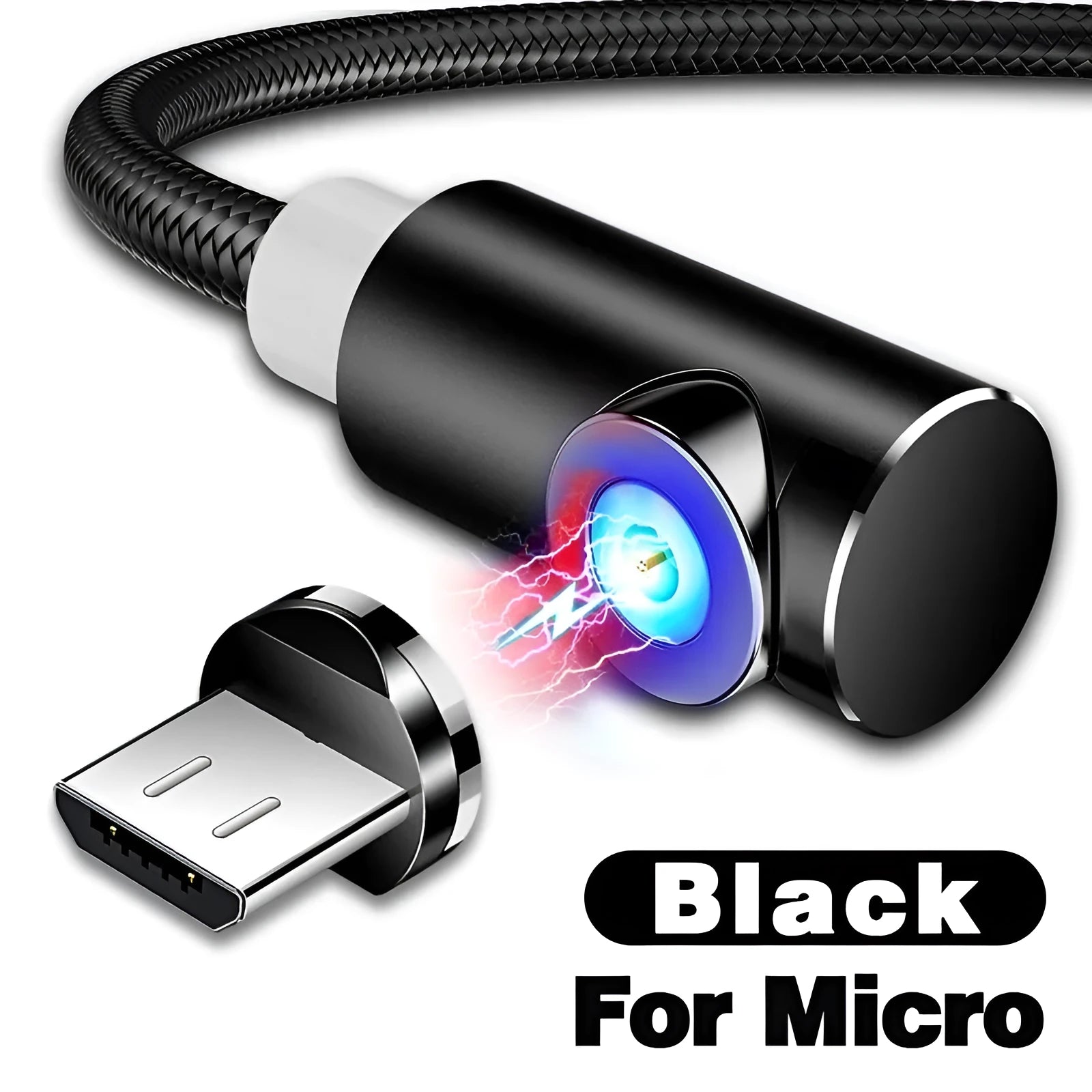 Black magnetic USB charging cable with aluminium connectors for Micro USB, Type C, and Lightning phones.