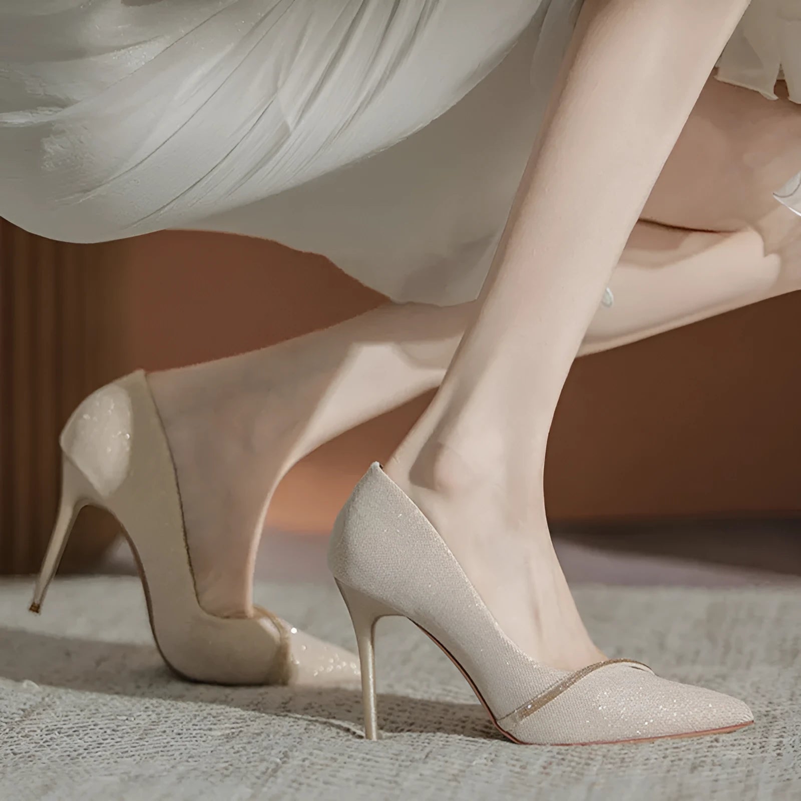 Women's gold and black pointed toe stiletto heels with low cut, shown in 6cm and 9cm heel heights.
