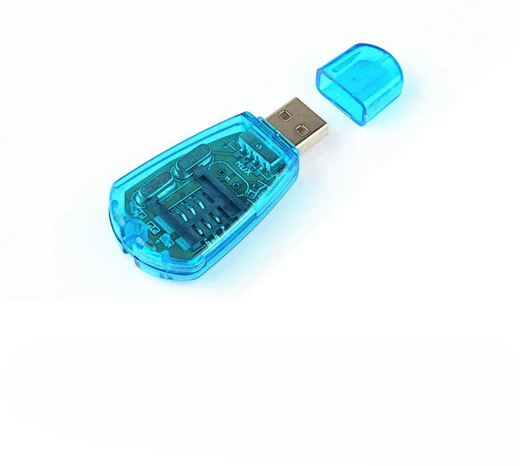 Blue plastic external USB SIM card reader for mobile phone data transfer and computer backup