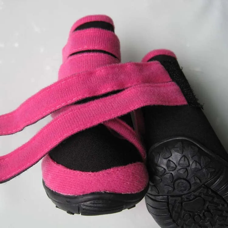 Pet dog shoes in blue with neoprene upper and beef tendon bottom, side view showing size and colour