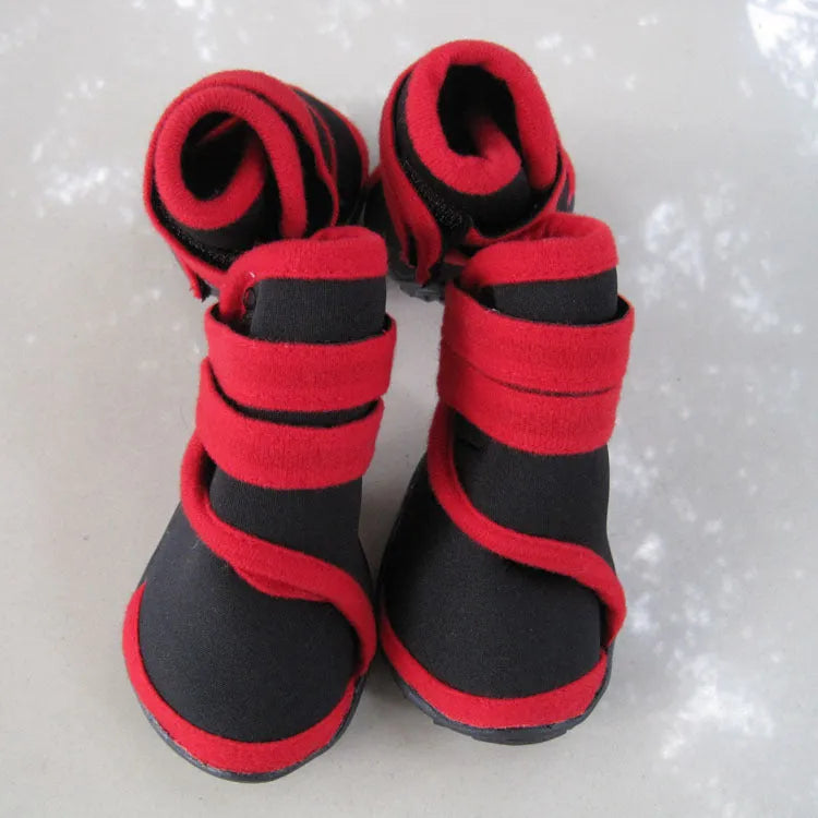 Pet dog shoes in blue with neoprene upper and beef tendon bottom, side view showing size and colour