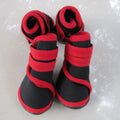 Pet dog shoes in blue with neoprene upper and beef tendon bottom, side view showing size and colour
