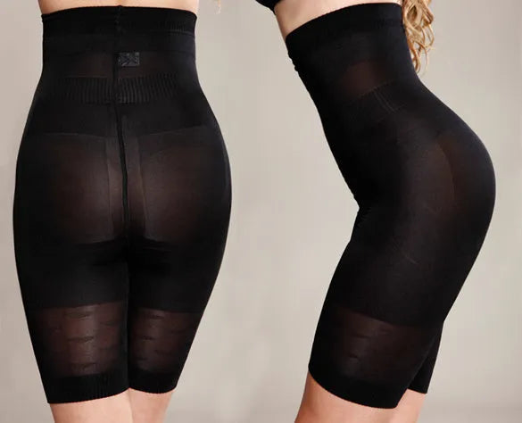 Black high-waisted seamless shapewear shorts for women laid flat on a neutral background.