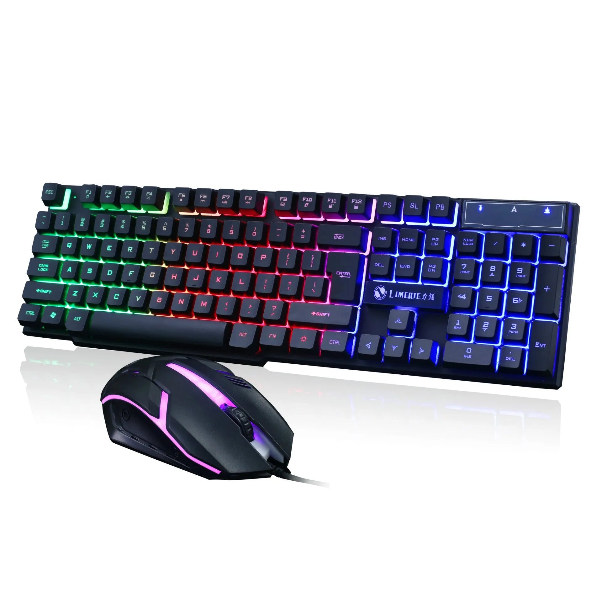 Limei GTX300 white backlit keyboard and mouse set on a desk.