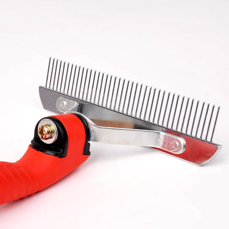 Large red dog comb with rubber handle and metal teeth for pet grooming