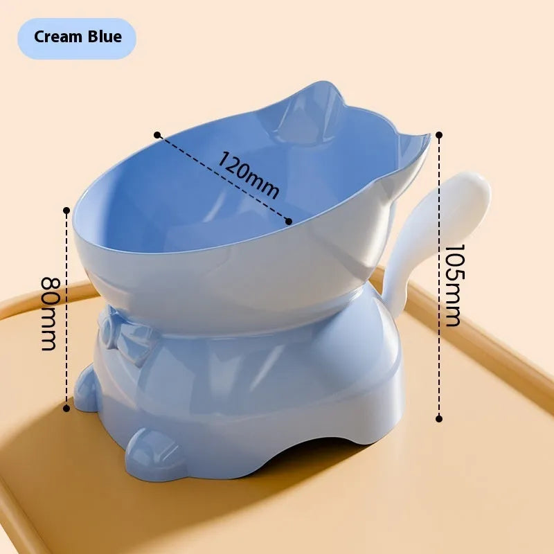 Stainless steel oblique cat bowl with non-slip base in blue colour
