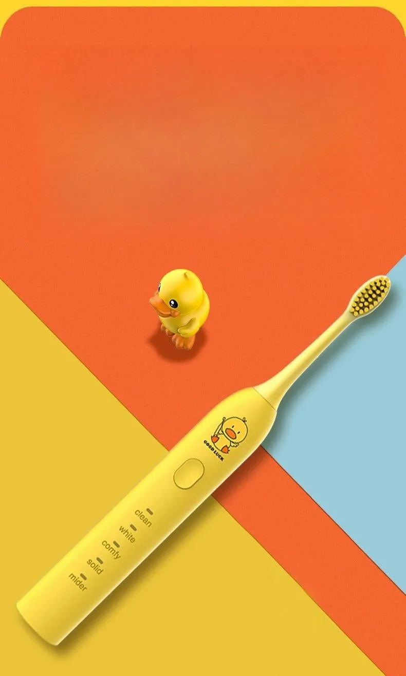 Yellow duck design rechargeable electric toothbrush with soft bristles on a white background.