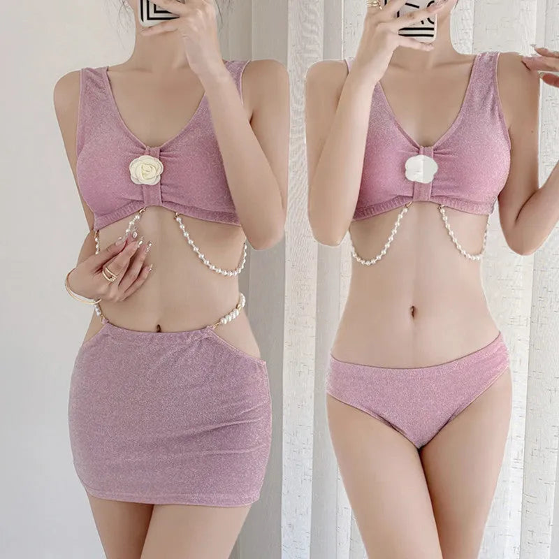 Women's three-piece polyester bikini set in pink or black with sleeveless briefs style for swimming and hot springs