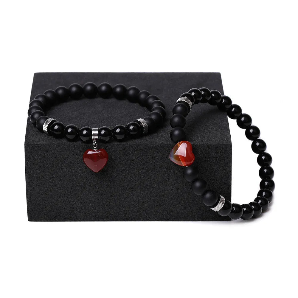 Natural stone couple matching bracelets with polished heart pendants in multiple colour variations