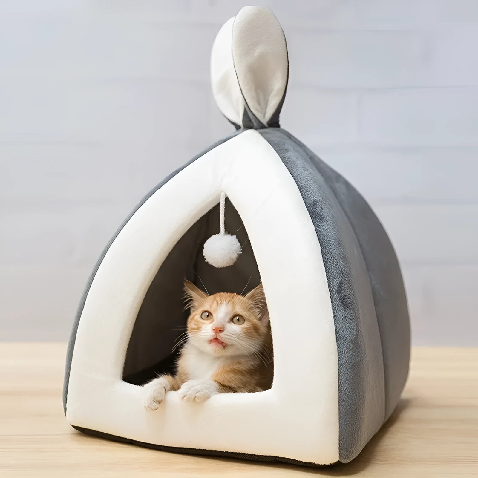 Rabbit Ear Mongolian Nest pet bed in Arctic velvet and PP cotton, grey colour, for cats and dogs