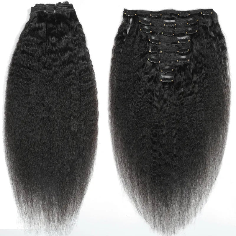 Real human hair clip-in wig set 8 pieces 120g kinky straight black extensions