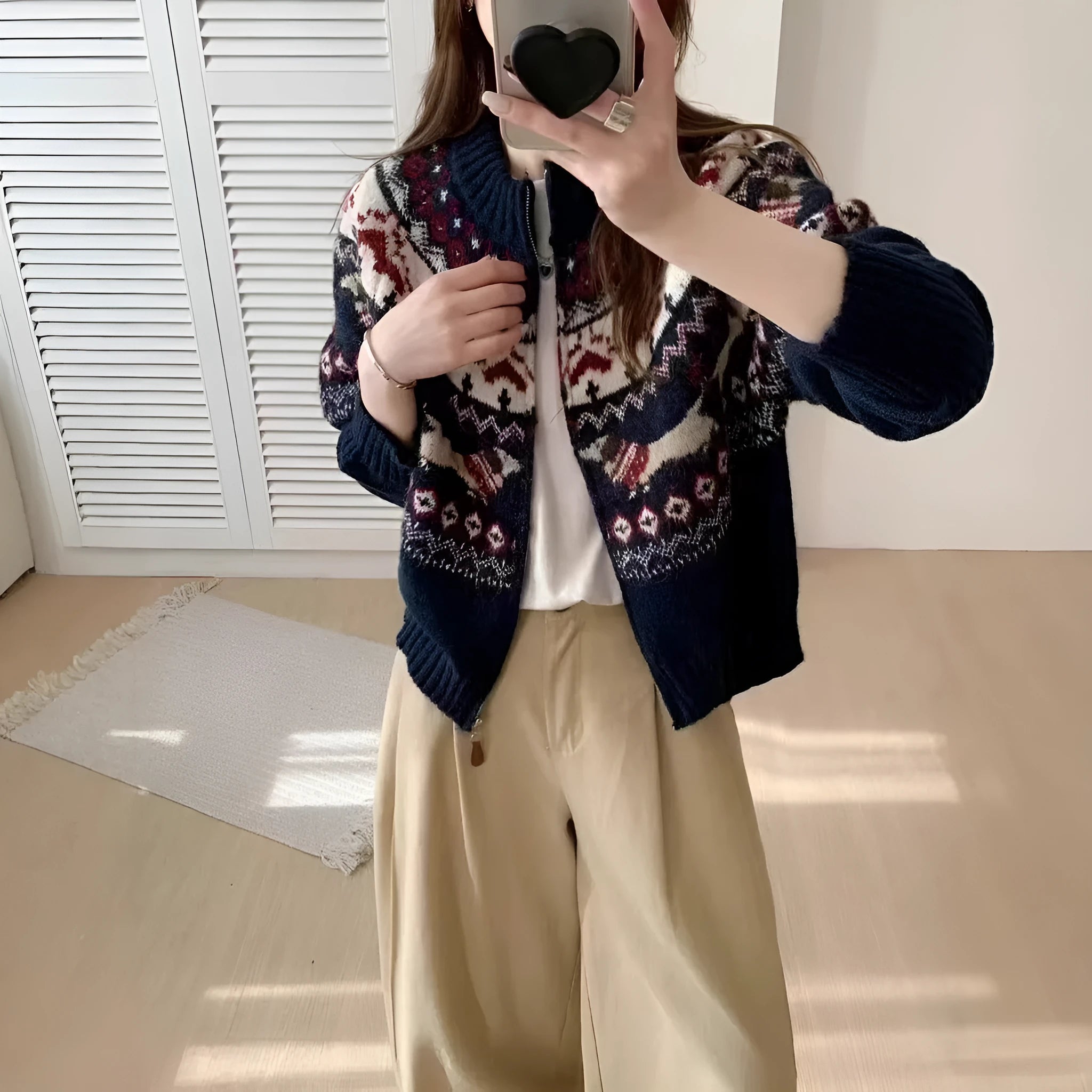 Ethnic style 3D jacquard pattern round neck pullover sweater in apricot beige colour