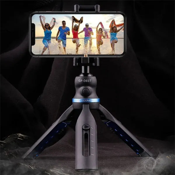 Black desktop tripod for mobile phones with aluminium alloy legs compatible with iPhone and Huawei P30 models