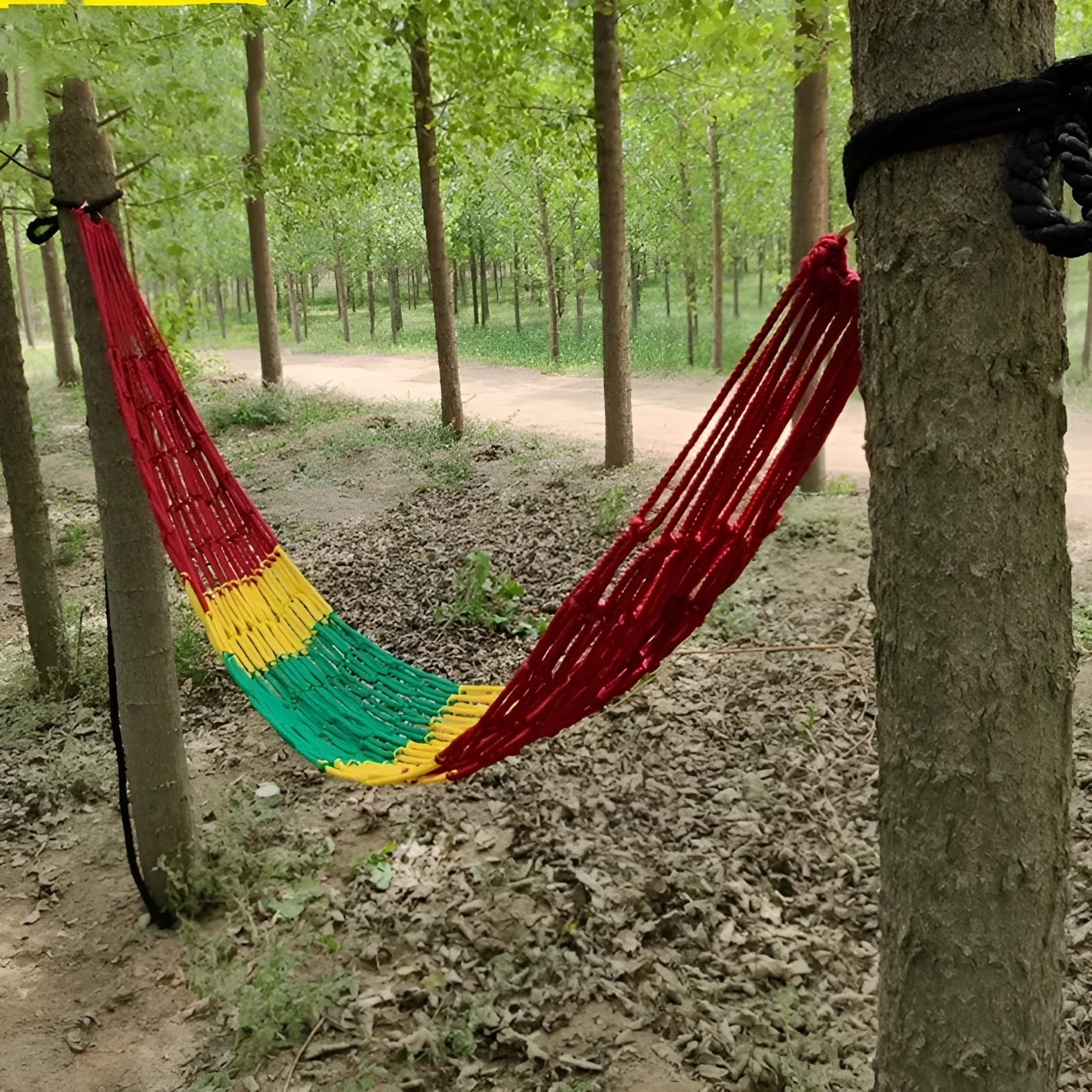 Nylon rope mesh hammock showing 1.1m width and woven construction for outdoor use