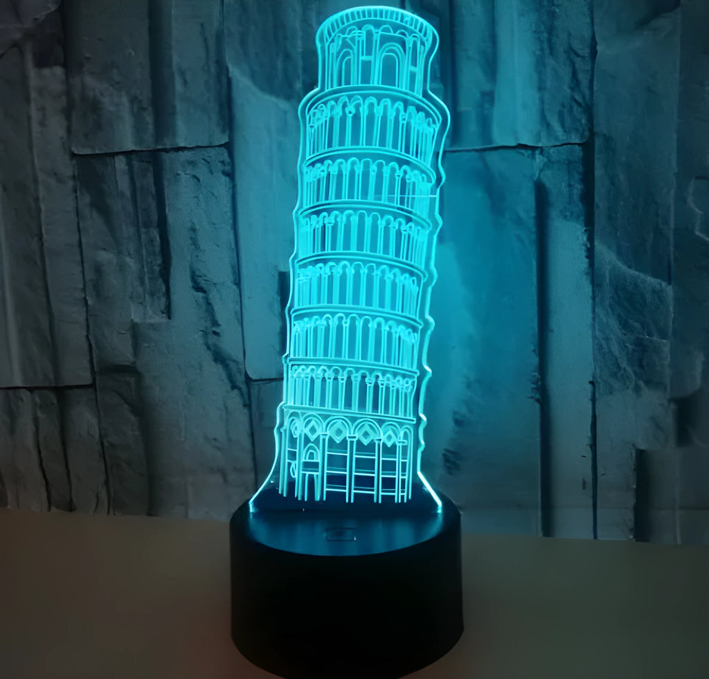 3D Leaning Tower of Pisa nightlight with seven colour options on acrylic panel with ABS base