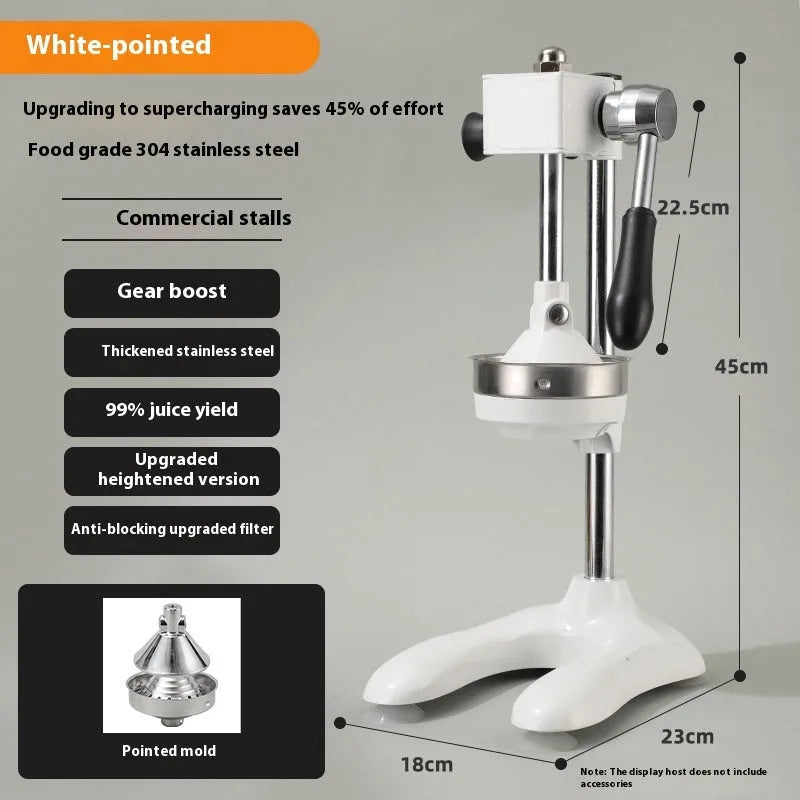 Vertical stainless steel manual citrus juicer shown in selected colour with chosen head style: pointed, flat, or double.