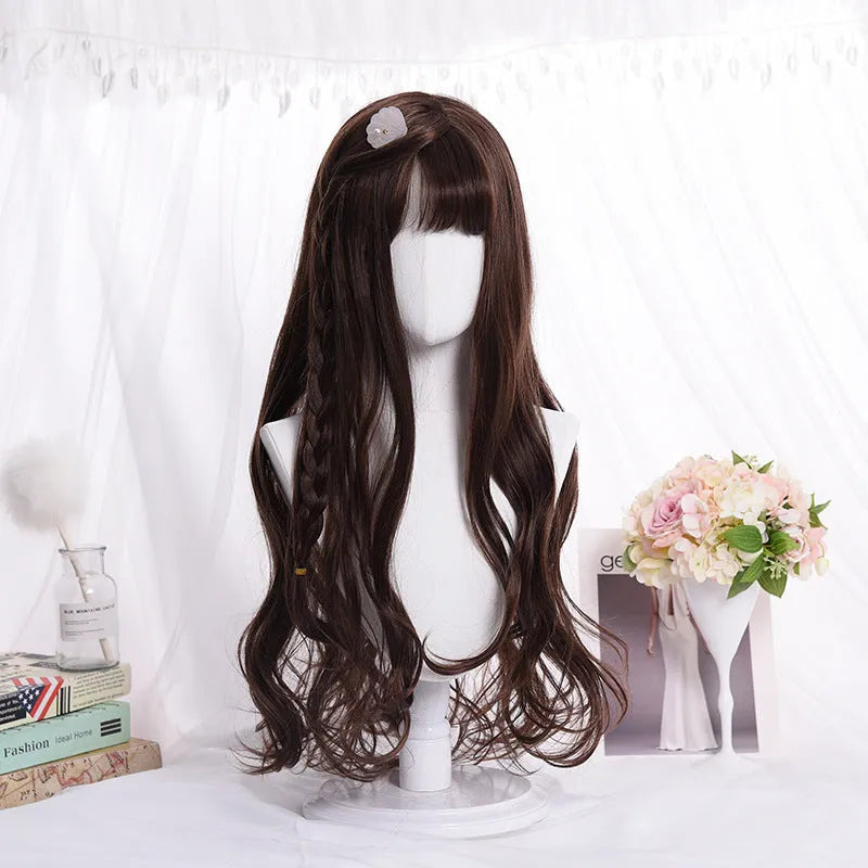 Long roll wig with air bangs in black, 68 cm length, heat resistant synthetic cosplay wig