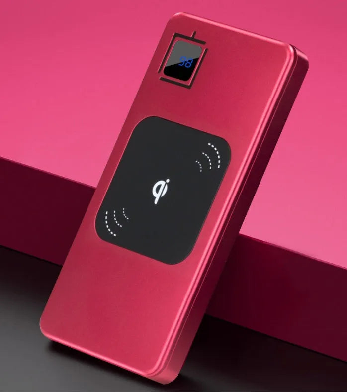 Black portable power bank with LCD display showing battery level.