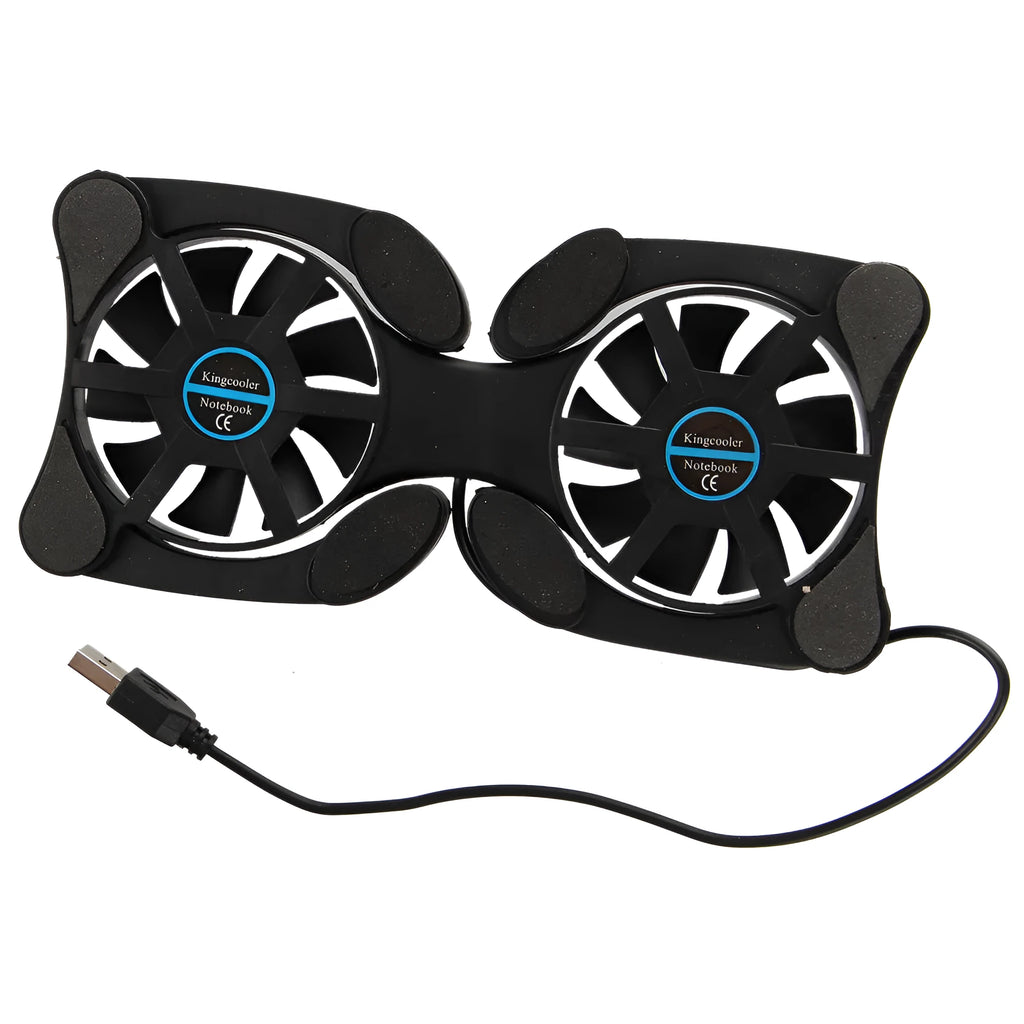 Black portable folding laptop cooler with dual 70mm fans and anti-slip pad