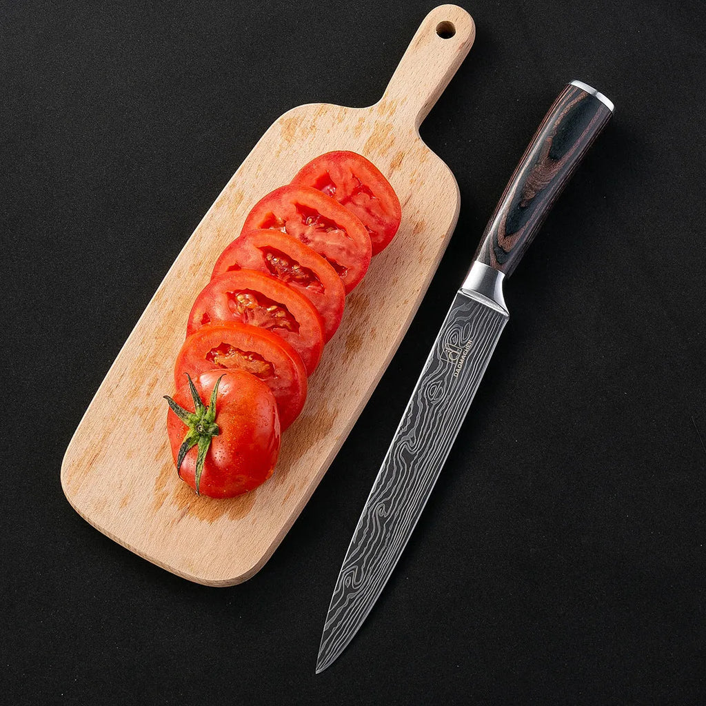7CR17 stainless steel chef knife with laser Damascus pattern and colour steel handle