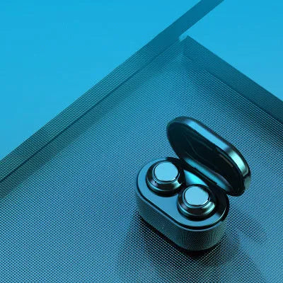 Black stereo Bluetooth in-ear headphones with silicone tips, showcasing wireless design for calls and music.