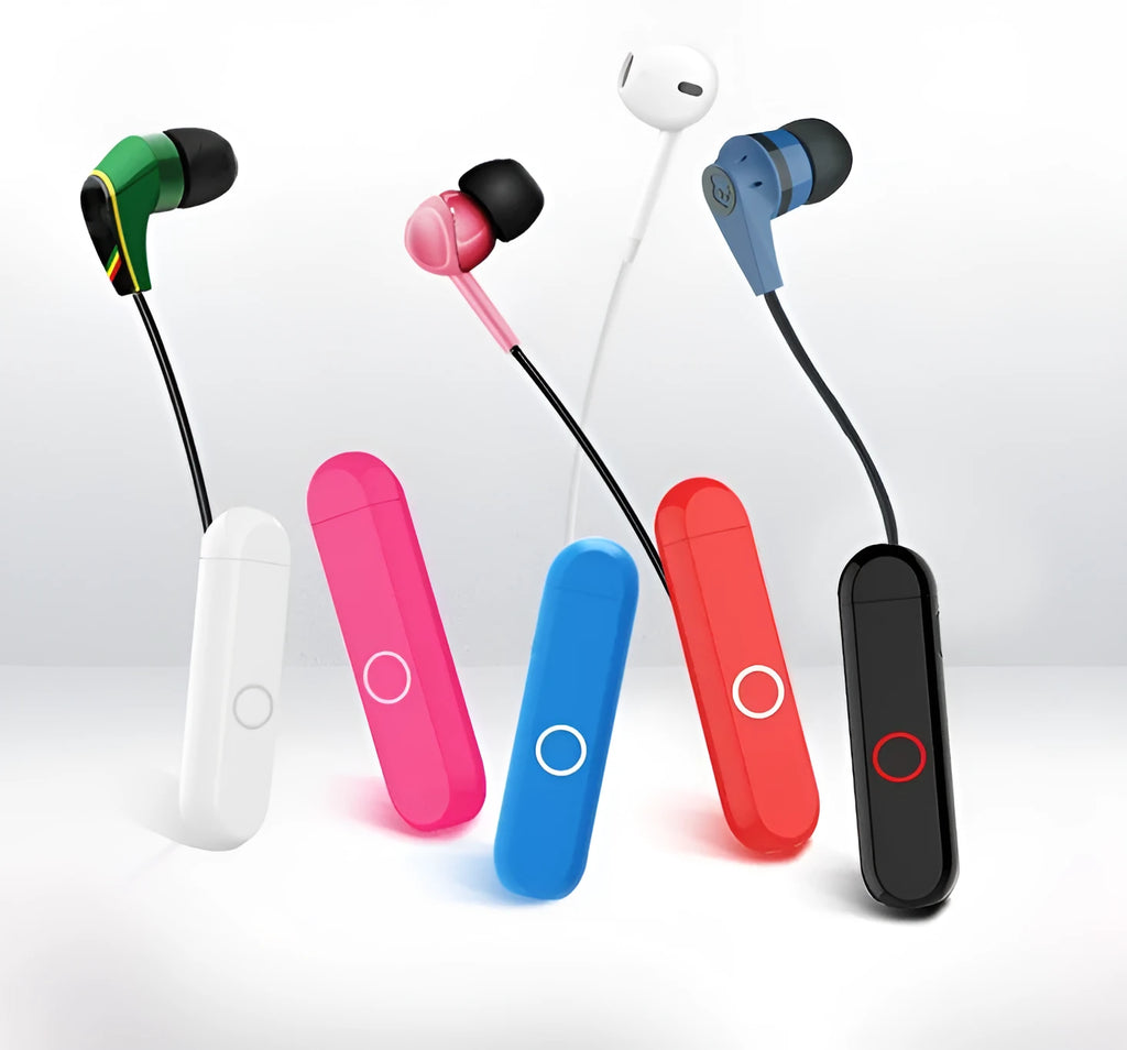 A1 Bluetooth audio receiver with 3.5mm plug in black, blue, orange, or white colours, shown with wearing style options.
