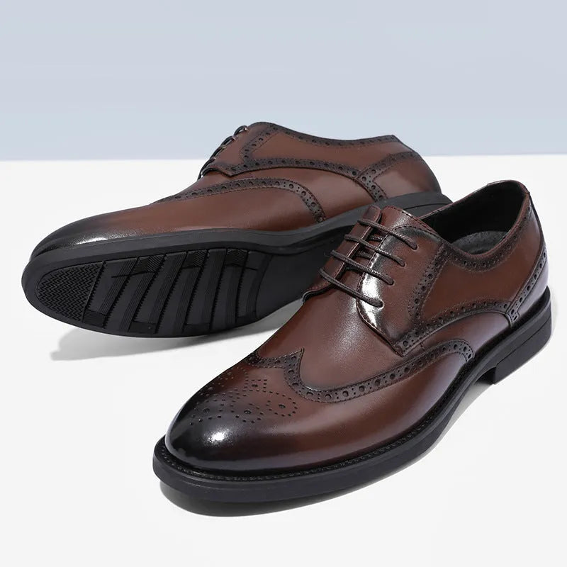 Men's black and brown brogue business shoes with a PU leather upper on a white background.