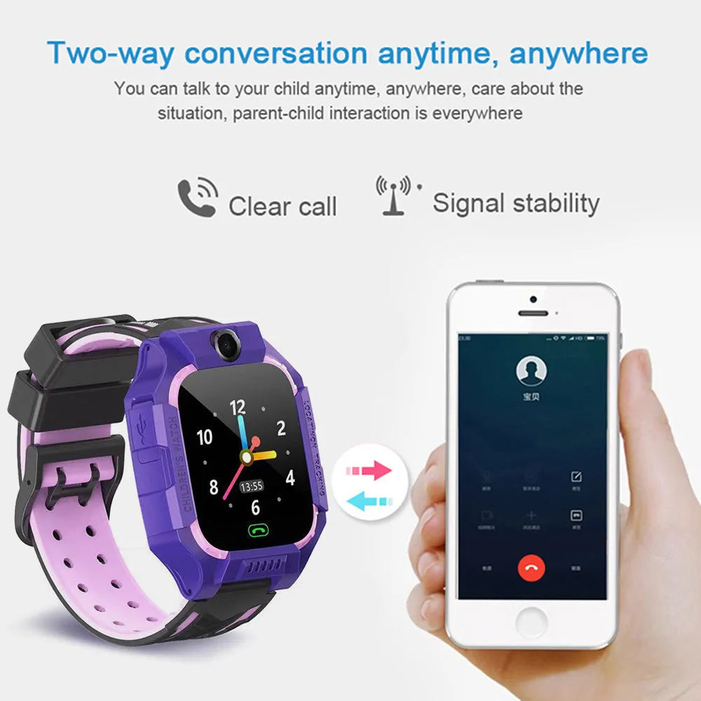 Children's smart watch with dual cameras, SOS button, and touch screen on a child's wrist