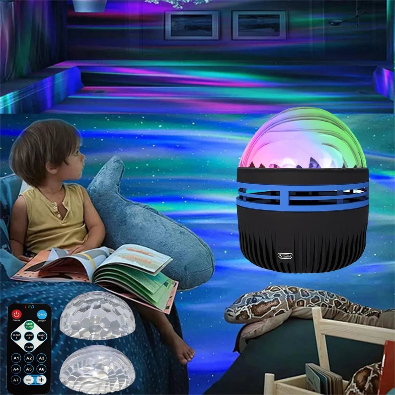 LED star galaxy projector lamp with colourful rotating light on a dark surface