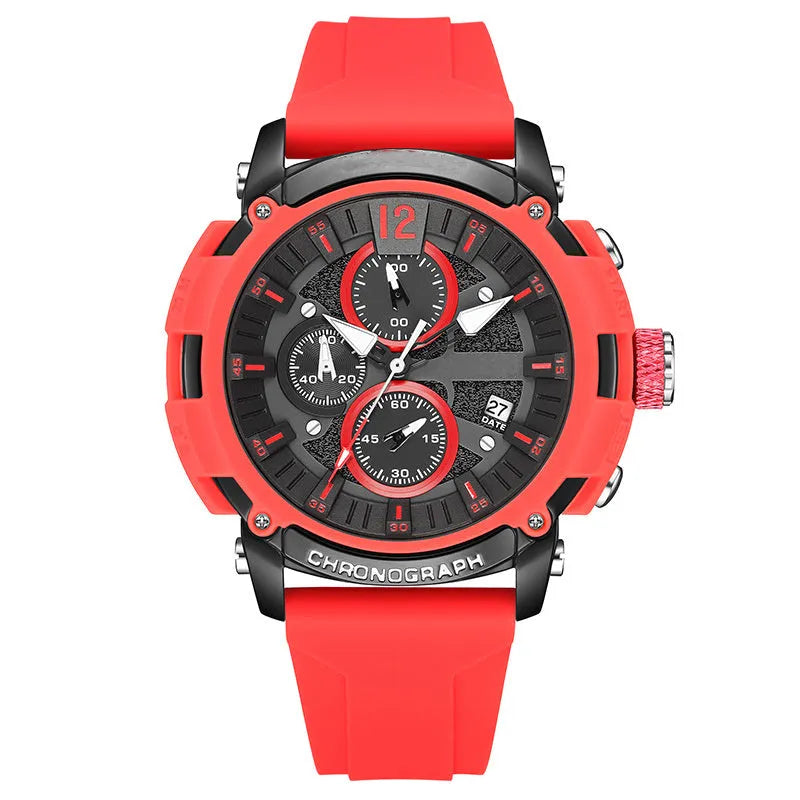 Men's black waterproof quartz watch with 51mm case showing calendar display and night light function