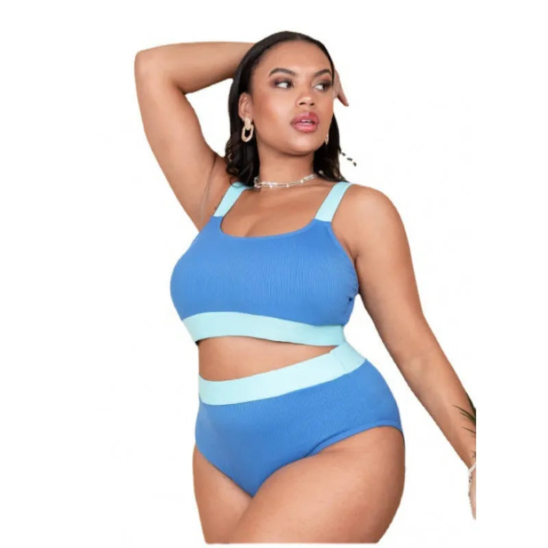 A women's high-waist bikini swimsuit set in a solid colour, made from polyester fabric.