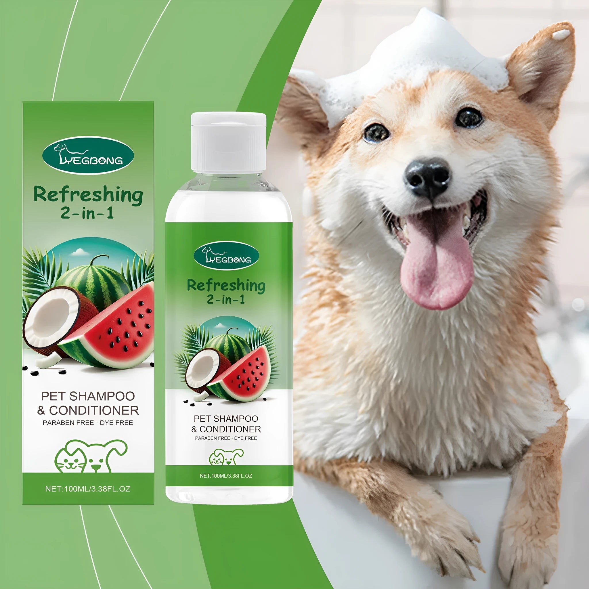 100ml bottle of 2-in-1 pet shampoo and shower gel with a gentle, sulphate-free formula for dogs and cats.