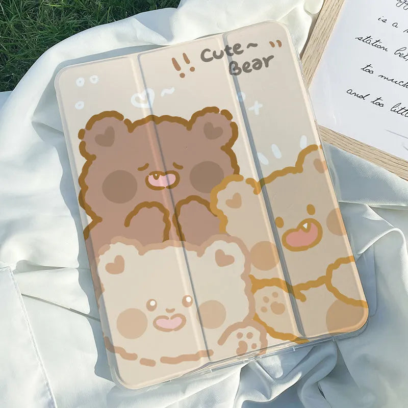 Silicone tri-fold iPad protective case showing rabbit pattern and stand position.