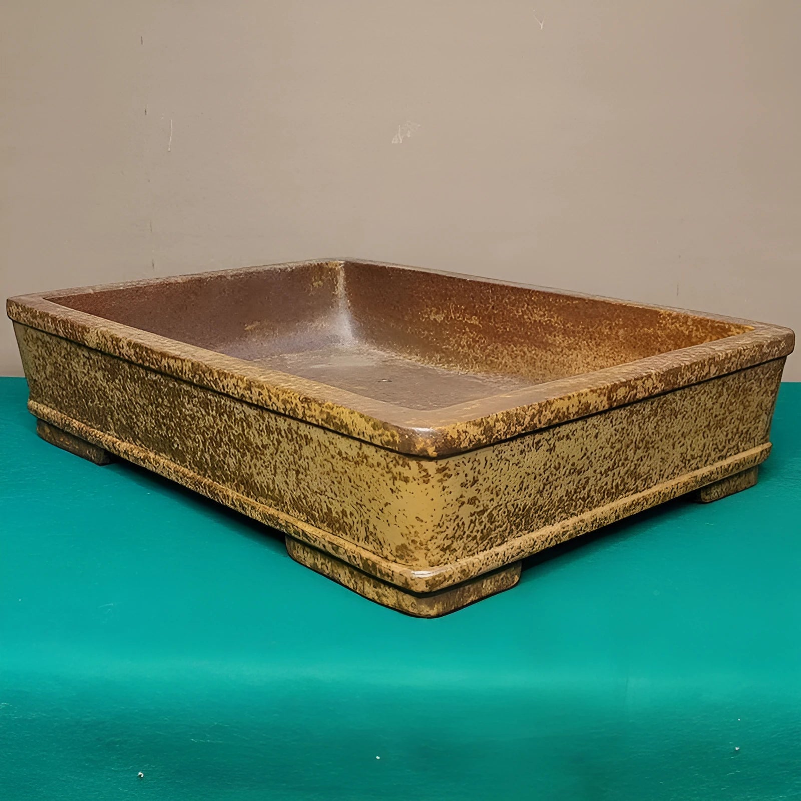 Straight-sided rectangular Yixing Zisha flowerpot in natural purple sand clay, shallow profile for plants.