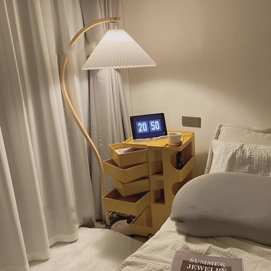 Vertical retro-style table lamp with fabric lampshade on metal base