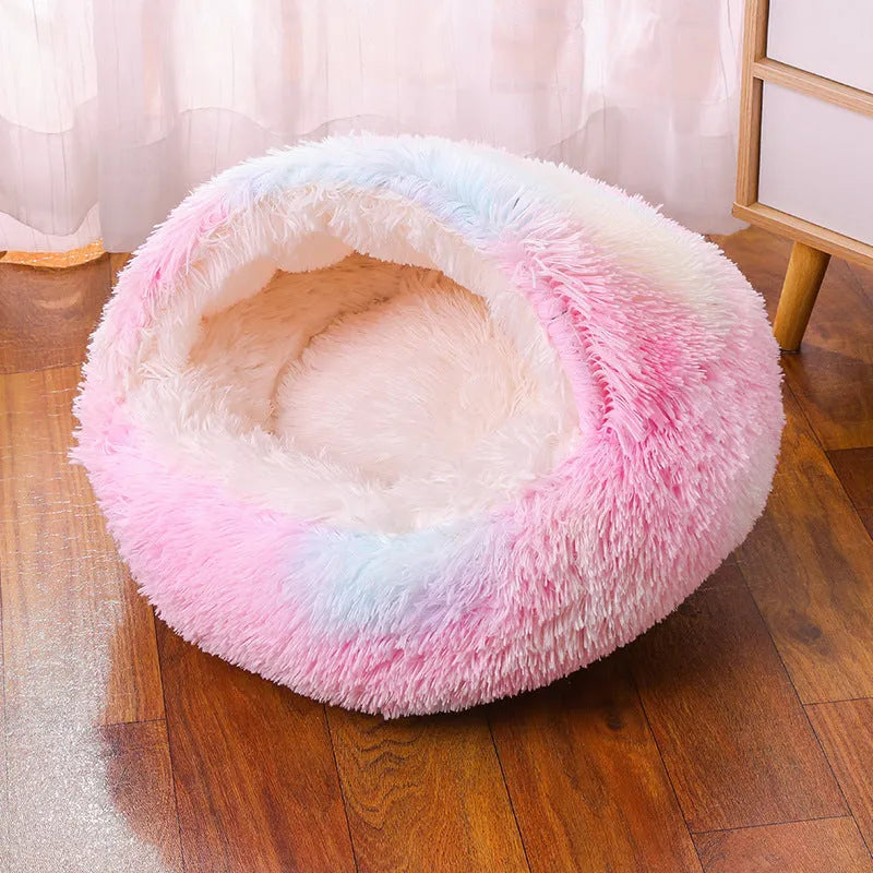 Waterproof cloth dog kennel with semi-surrounded walls and a removable cushion in a champagne colour.