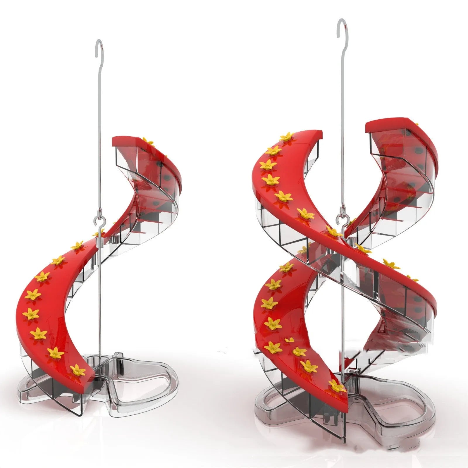 Plastic spiral climbing ladder hummingbird feeder in unilateral or bilateral configuration