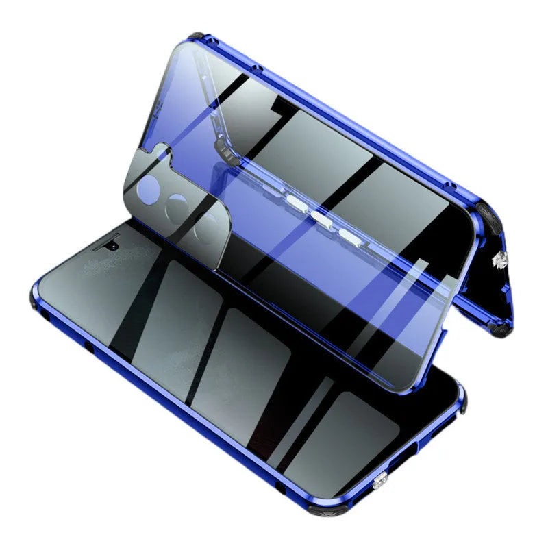 Magnetic anti-peeping phone case for Samsung Galaxy in clamshell design with double-sided glass construction