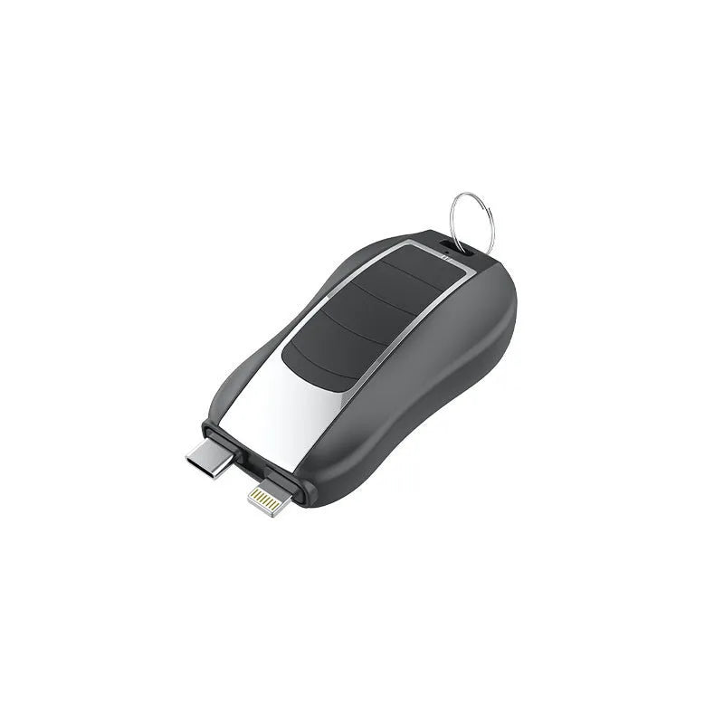 Mini keychain emergency power bank with sports car design in black and blue plastic shell