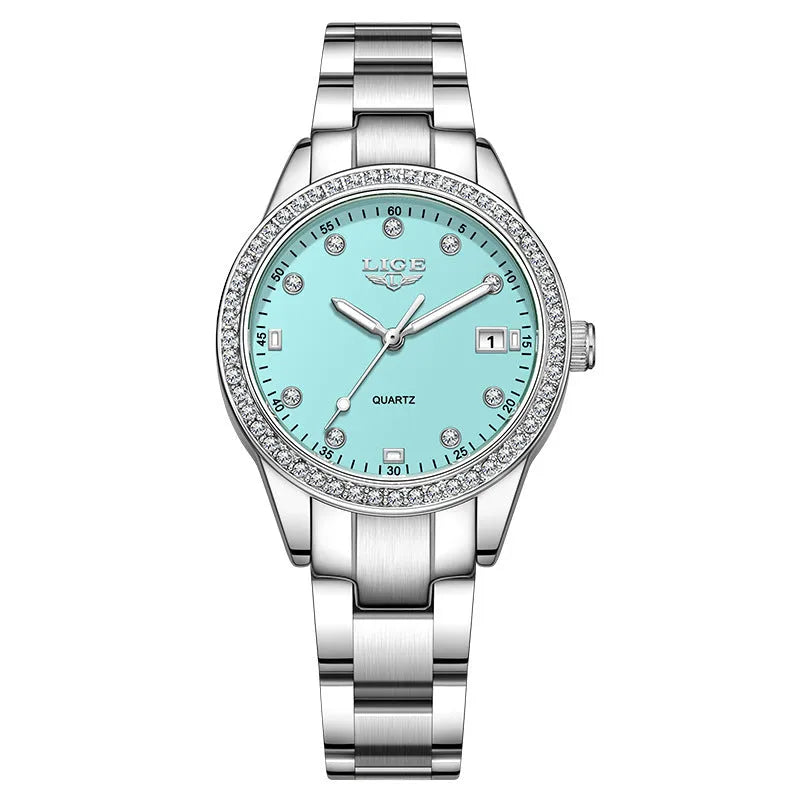 Silver Fashion Girl watch with round diamond-encrusted dial on stainless steel strap, showing luminous hands.