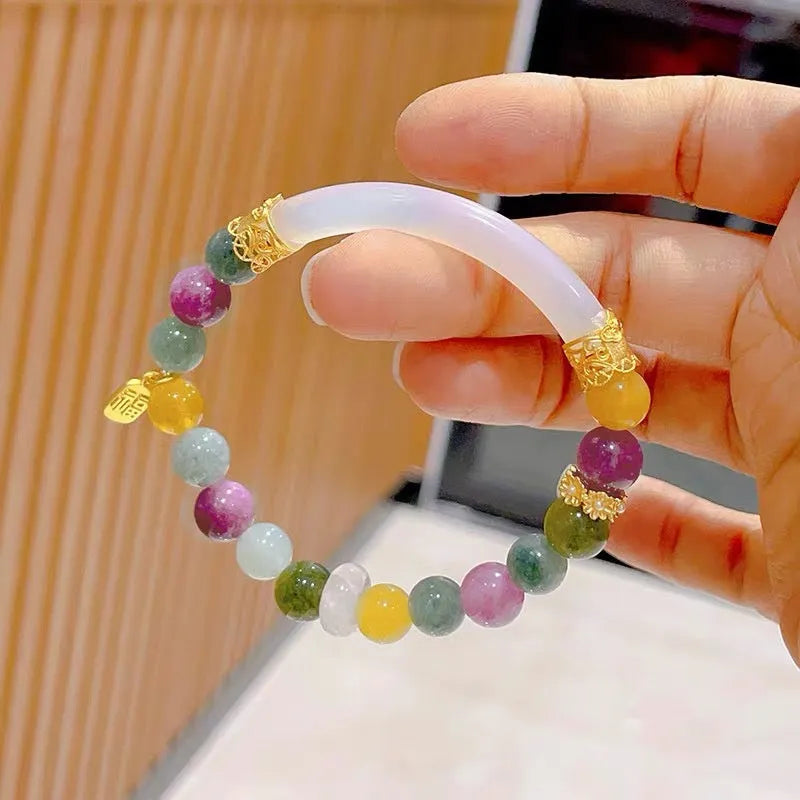 Women's tourmaline bracelet with natural jade rainbow colours and half bracelet pith construction