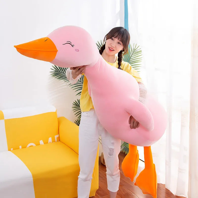 Lying style plush duck toy in white, yellow or pink, 65cm to 160cm, down cotton filled.