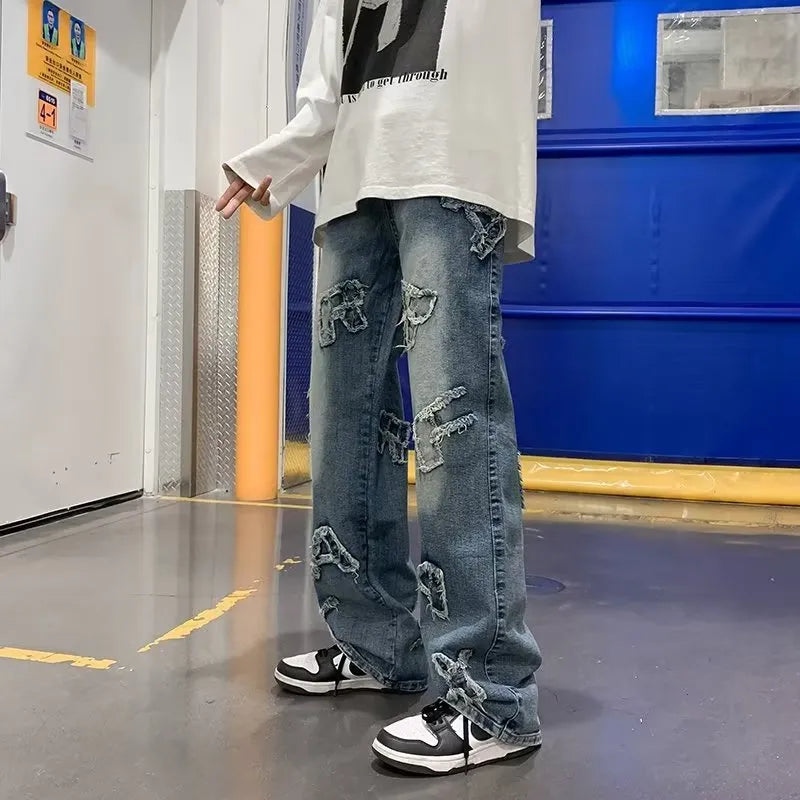 Men's loose retro casual wide-leg straight pants in blue cotton fabric with mid-rise waist