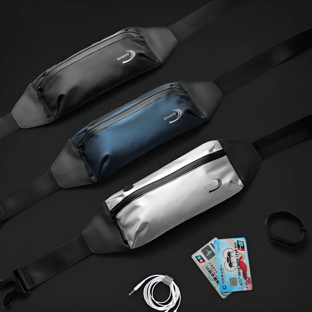 Men's black waterproof waist bag made from Derm Oxford polyester for sports.