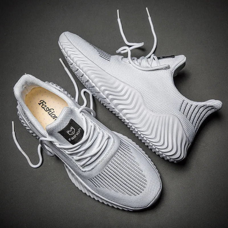 Breathable mesh casual sports shoes for men in black with front tie lacing and high top design