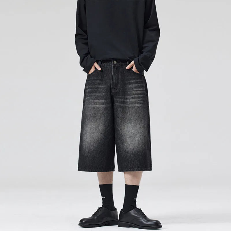 Men's cotton denim straight-leg summer shorts in loose cropped fit available in multiple colours