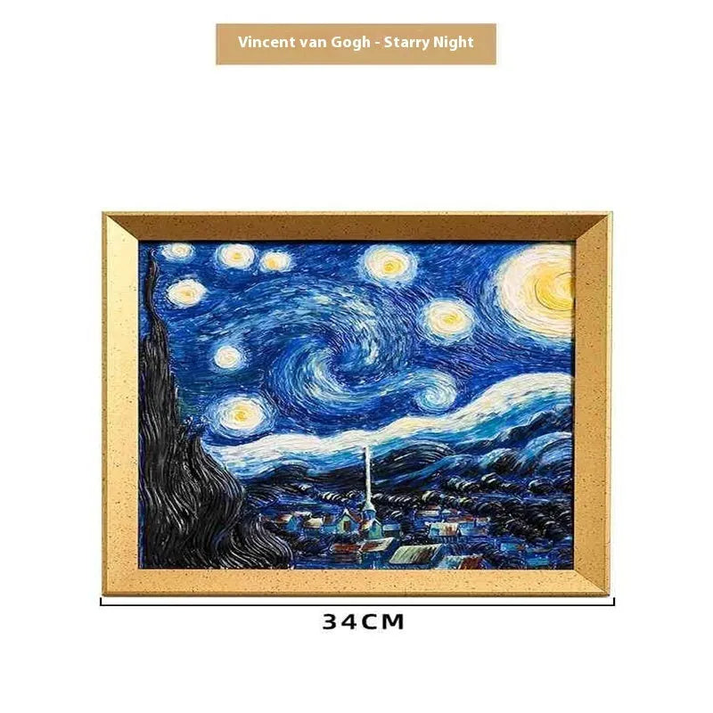 DIY oil painting kit with colour pots, brushes, and a canvas showing Van Gogh's Starry Night design.