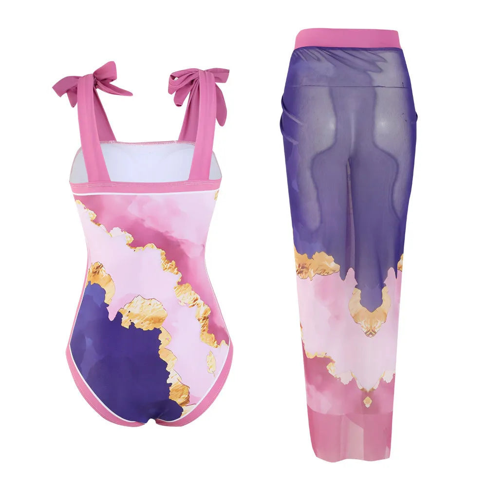 Multicolour floral print one-piece swimsuit with mesh tube top and attached skirt for swimming