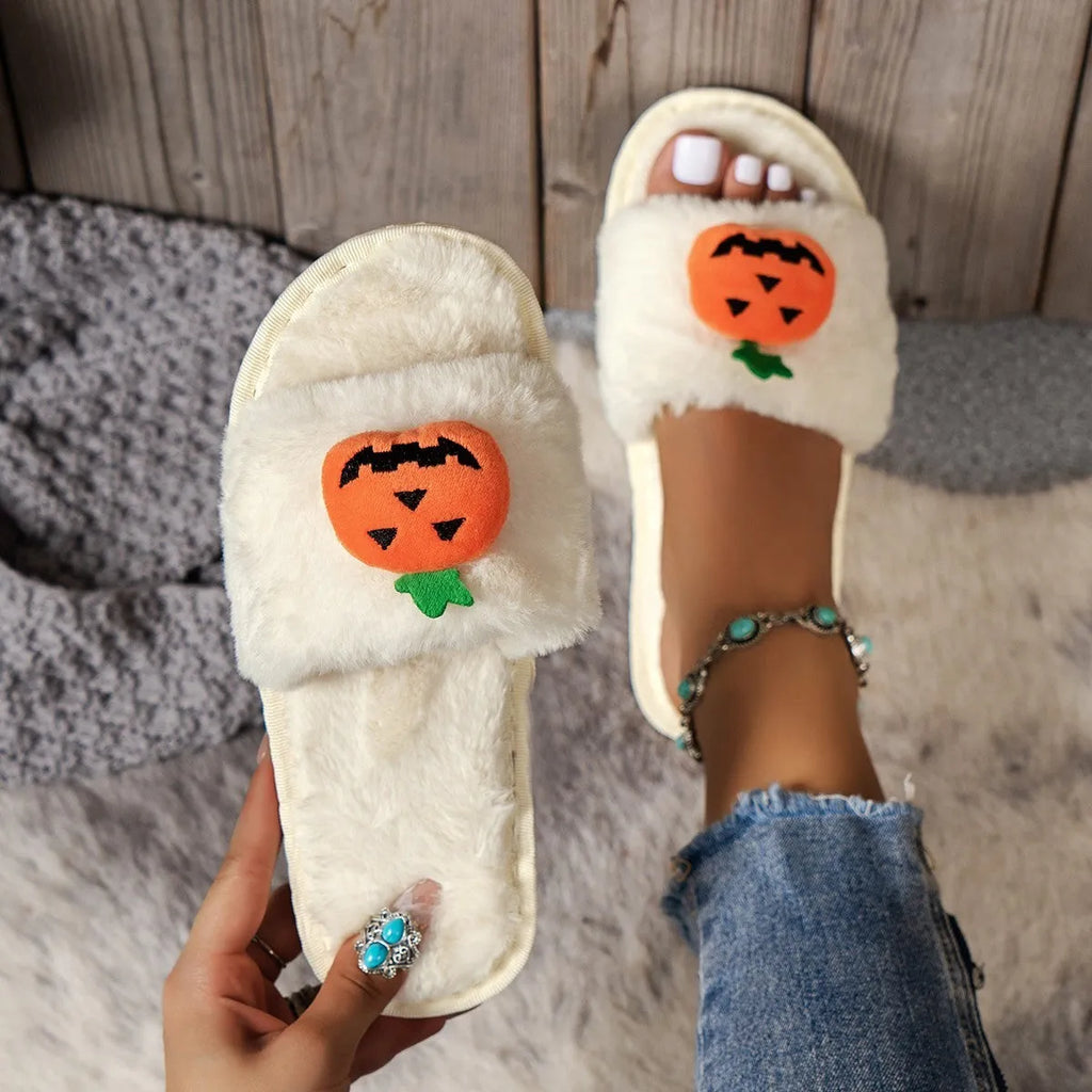 White and yellow pumpkin plush open toe slippers with synthetic fur uppers and PVC soles