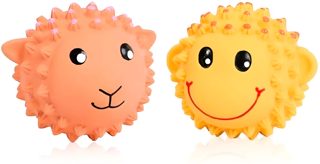 Orange and yellow latex squeaky dog toy with spiky texture, shaped like an animal.